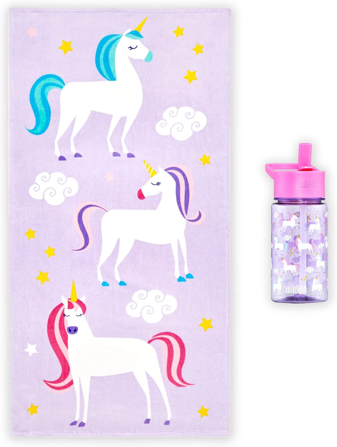 Wildkin Kids Beach Towel Bundle with 16 Ounce Reusable Water Bottle (Unicorn)