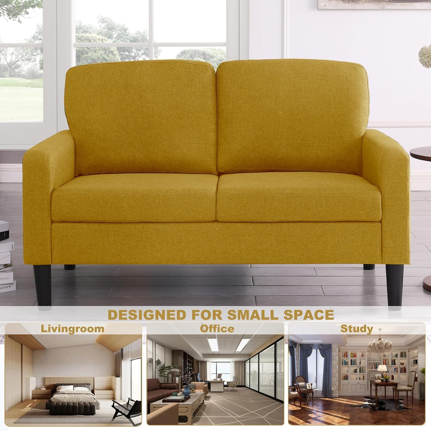 Flesser Loveseat Sofa 53" Small Couch Yellow Love Seat for Small Sapces, Comfy Linen Fabric 2 Seater Couch for Bedroom Apartment, Office, All-Wood Couches Tool-Free