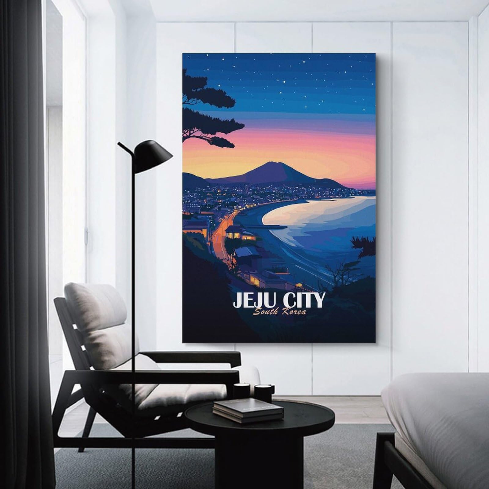Junmoney Wall Art Print Jeju City South Korea at Dusk, 24x36inch(60x90cm), for Bedroom Decor, Cosy Corners Or Studios, Decorative Wall Art for Cosy Rooms