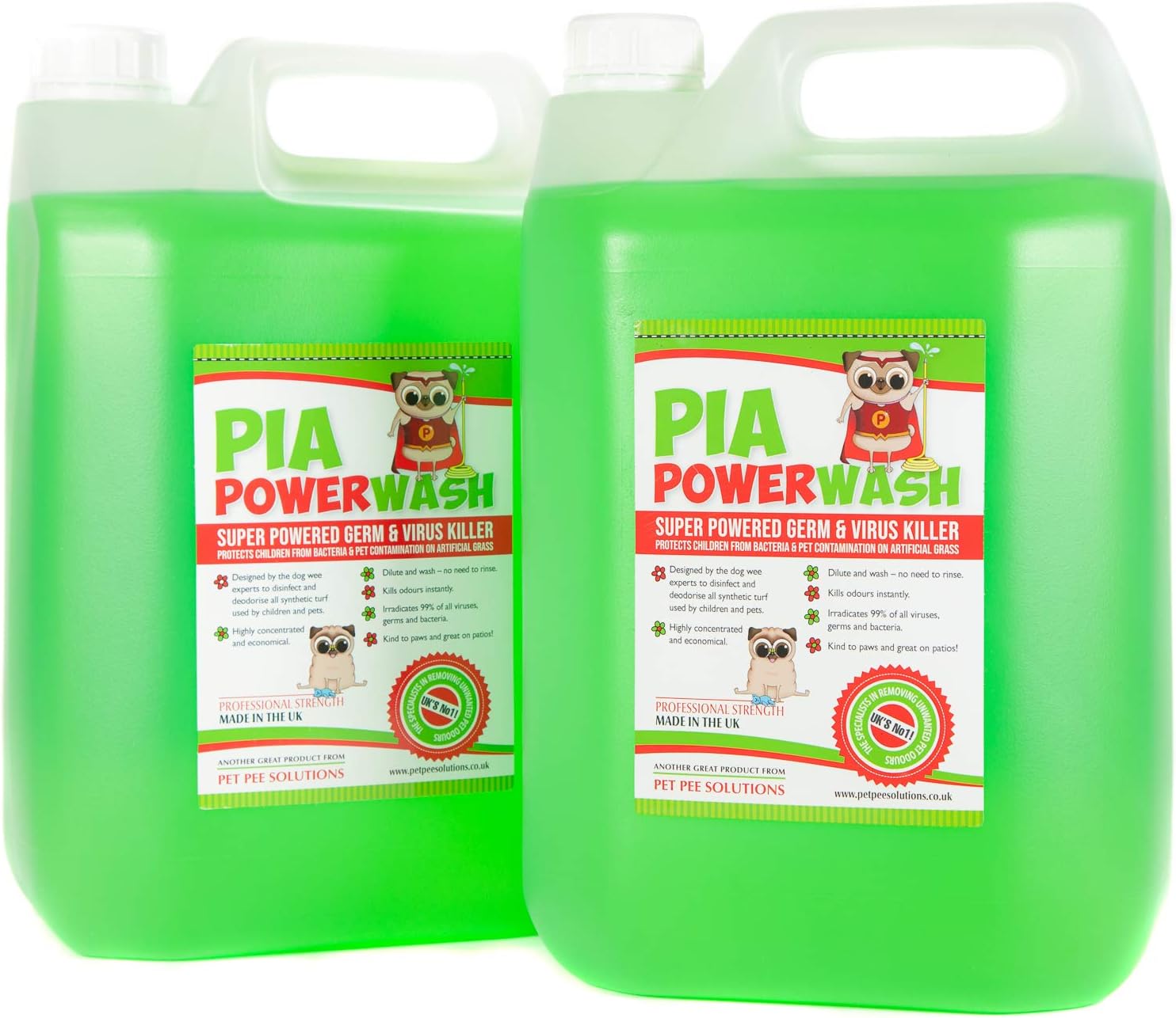 PIA Power Wash 2x5ltr Bottle, Artificial Grass Cleaner for your Garden. Spray on Astro Turf Cleaner and Disinfectant for Fake Grass. Pet and Dog Urine Odour Remover for Artificial Turf in your Garden.