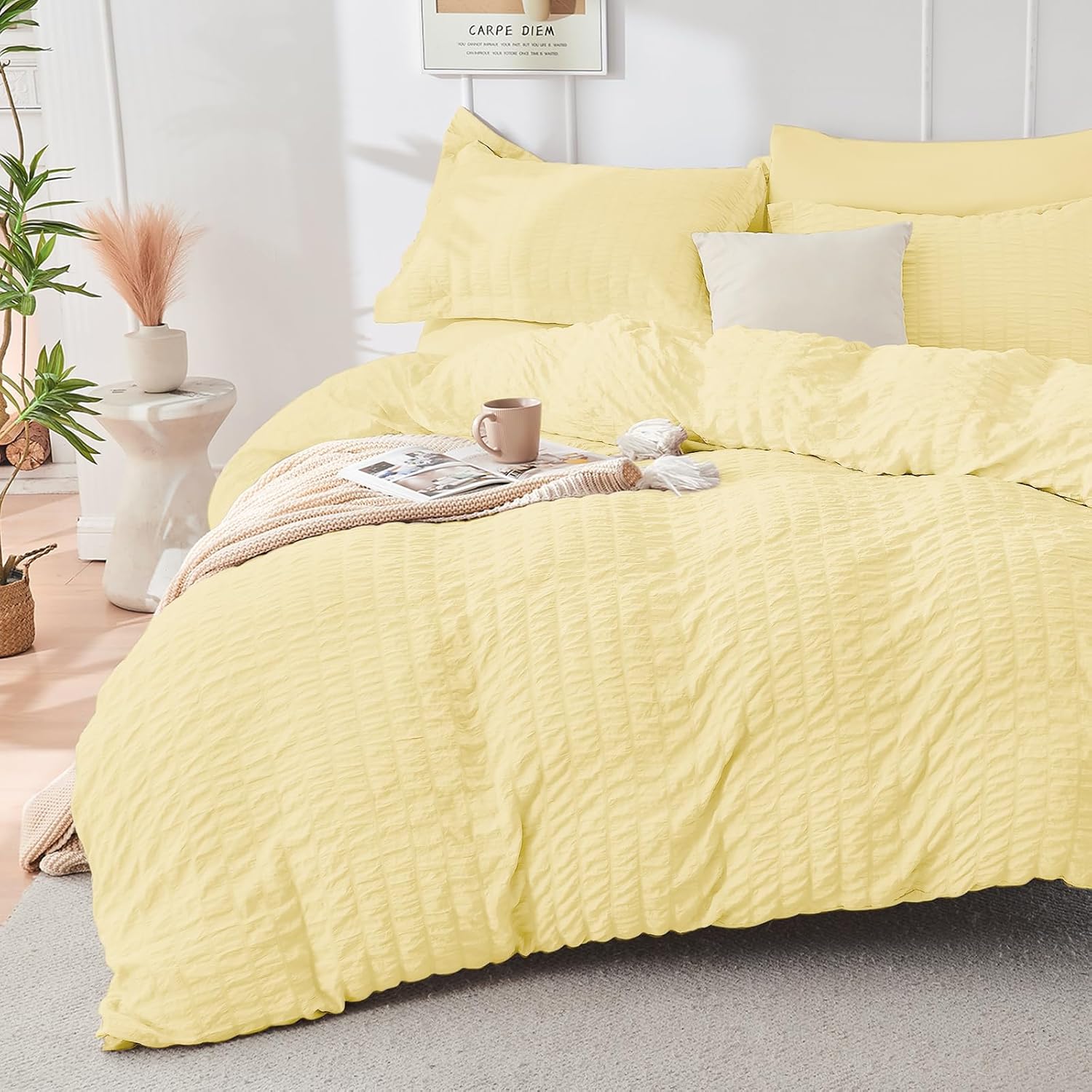 HYMOKEGE Yellow Twin Comforter Set Seersucker 5 Pieces, All Season Luxury Bed in a Bag for Bedroom, Bedding Set with Comforter, Sheets, Pillowcase & Sham thumbnail