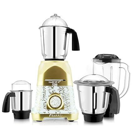 Gemini Latest New Model DIAA 1000-Watts Mixer Grinder with 100% Copper Motor with 3 Heavy Aluminium Base Stainless Steel Jars and 1 ABS Juicer Jar(Dry Jar, Chutney Jar, Liquid, Juicer Jar) Gold-White