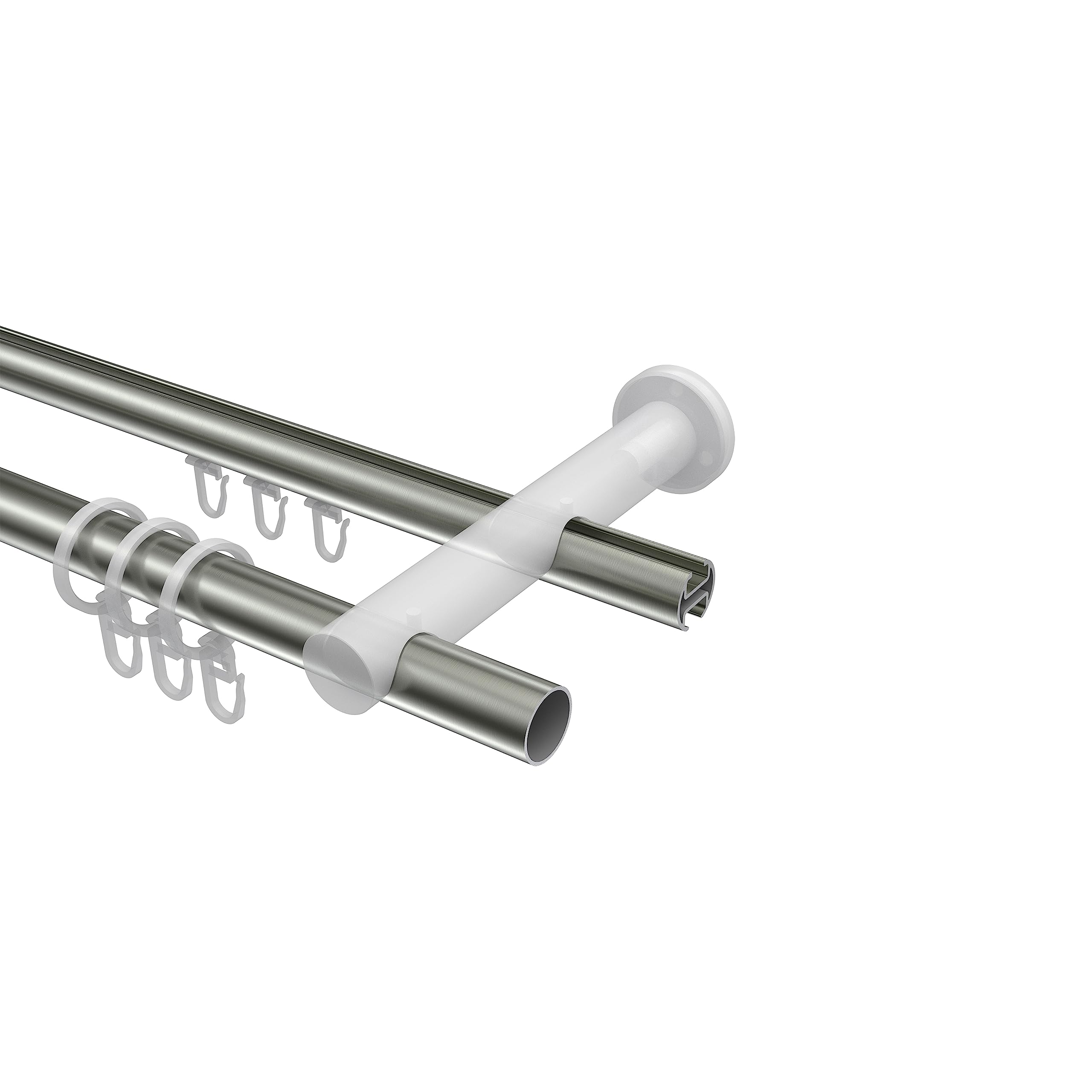 INTERDECO Rundrohr-Innenlauf-Gardinenstange 20 mm 2-läufig, moderne Rohr-Innenlaufstange aus Metall, Edelstahl-Optik, zur Wandmontage, Typ 10223412, 240 cm
