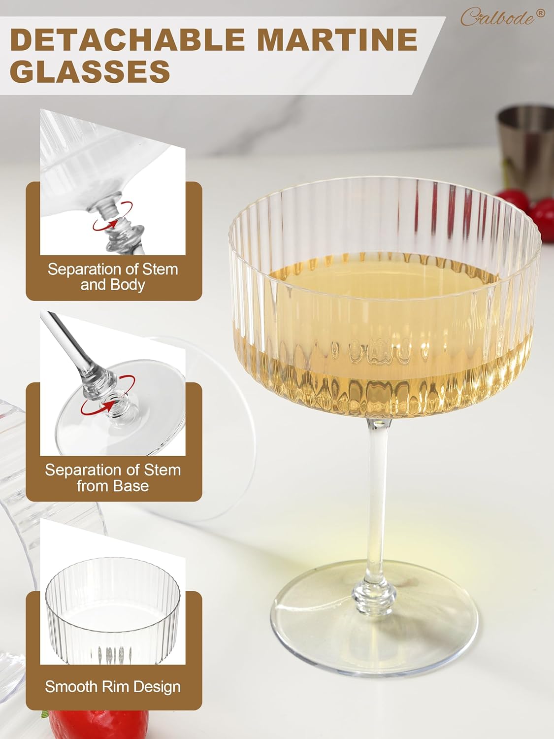 CALBODE 24Pcs Plastic Martini Glasses Disposable 10oz Plasitc Ribbed Coupe Glasses Clear Vintage Cocktail Glassware Set Unbreakable Dessert Cups for Easter Spring Party Wedding Anniversary
