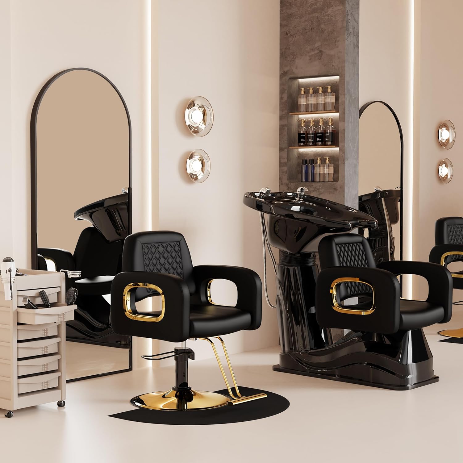 Baasha Black Gold Salon Chair & Shampoo Chair Bowl Set, Hydraulic Styling with 360° Rotation, Matching Shampoo Chair with Bowl for Hair Barbershop