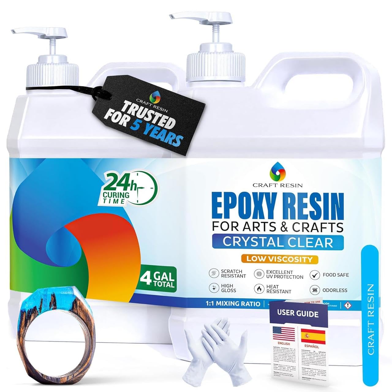 CRAFT RESIN 4 Gallon Epoxy Resin Kit - Crystal Clear Epoxy Resin Kit & Hardener for DIY Art, Mold Casting, Jewelry Making, Coasters, Table Top, Countertop Coating - Food Safe, Heat & UV Resistant