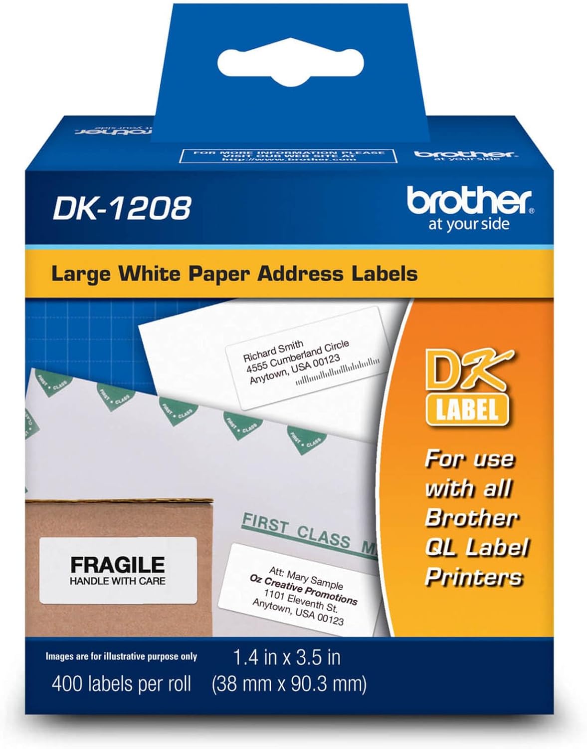 Brother, Die-Cut Large Address Labels, DK-1208, Brother Genuine Labels, Long Lasting Reliability, Die-Cut Large Address Paper Labels, 400 Labels per Roll, (1) Roll per Box