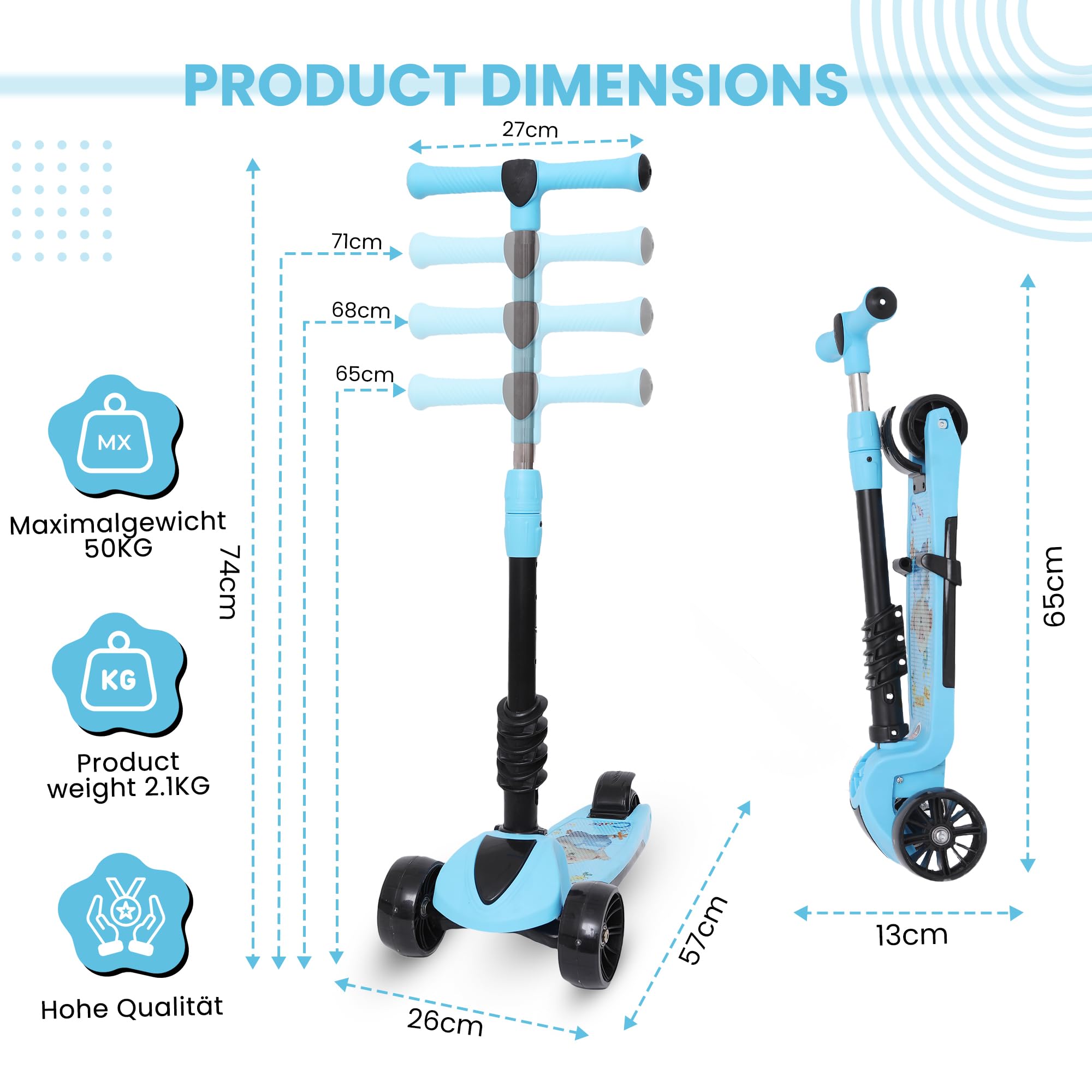 Habib 3-in-1 Kinderroller mit Sitz - Dreirad Tretroller, Faltbar, Höhenverstellbar, LED Räder, Kinderroller ab 3 Jahren (Bis 50kg)