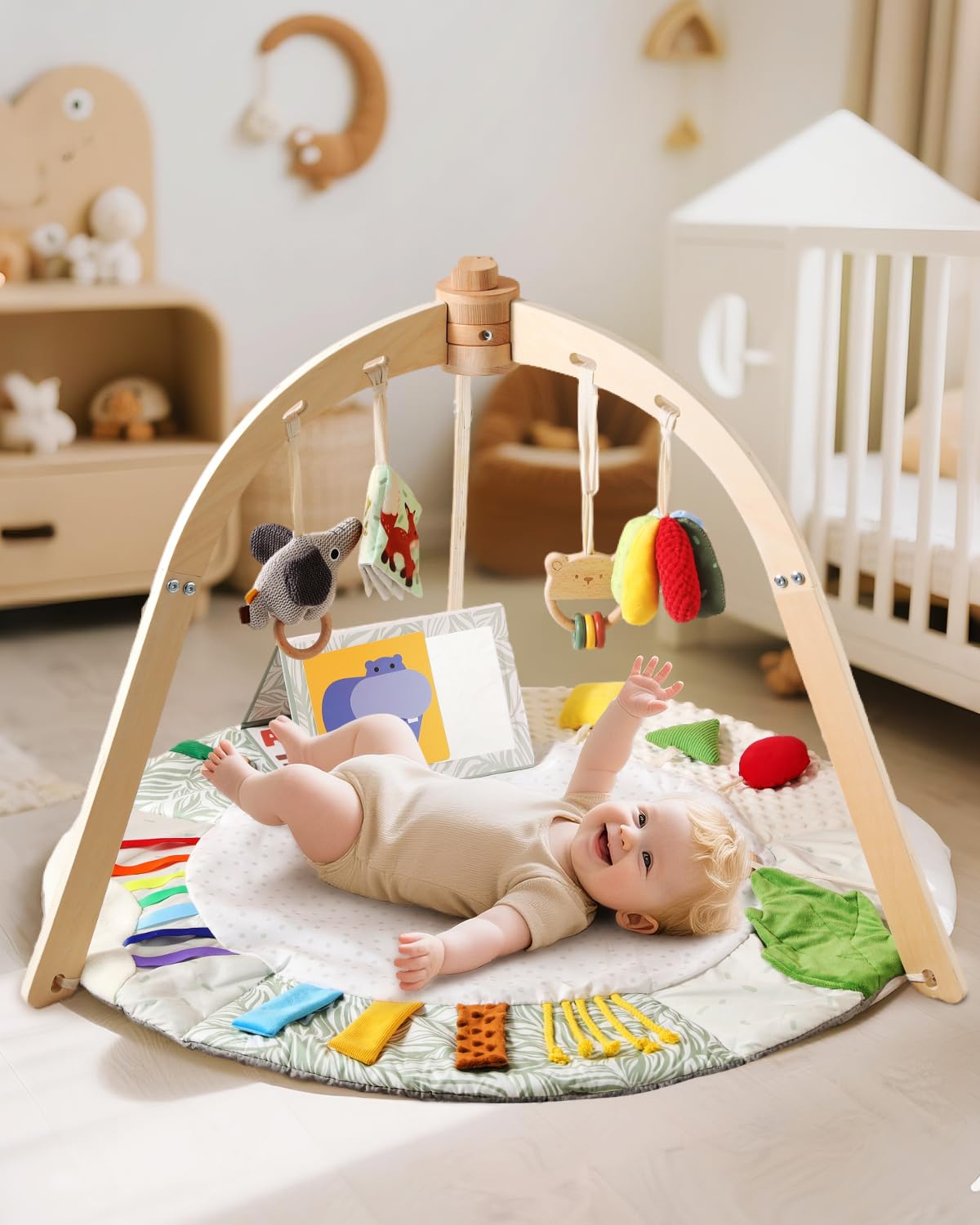 wooden baby play gym & tummy time playmat - montessori sensory activity mat with 6 developmental toys for fine motor skills
