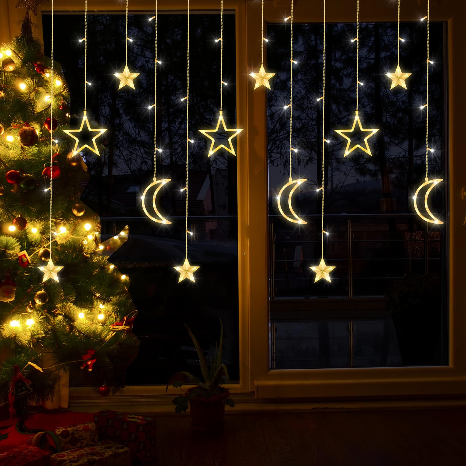 Rideaux lumineux décoratifs lune et étoiles, 3,5 m pour chambre à coucher, Noël, décoration du Ramadan, lumière LED scintillante, fonctionne avec piles ou prise USB (jaune chaud + télécommande)