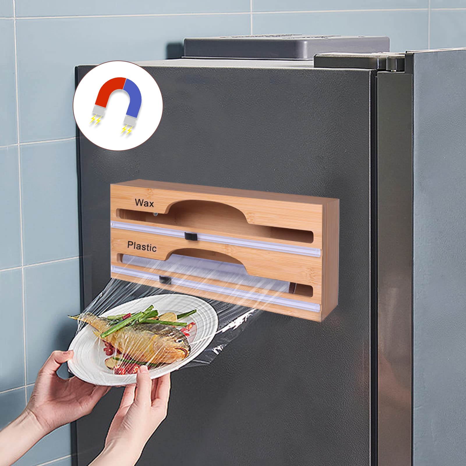 Foil and Plastic Wrap Organizer with Magnetic - 2 in 1 Plastic Wrap Dispenser with Cutter and Labels - Plastic Wrap, Wax Paper and Aluminum Foil Dispenser for Kitchen Drawer, Compatible with 12" Roll