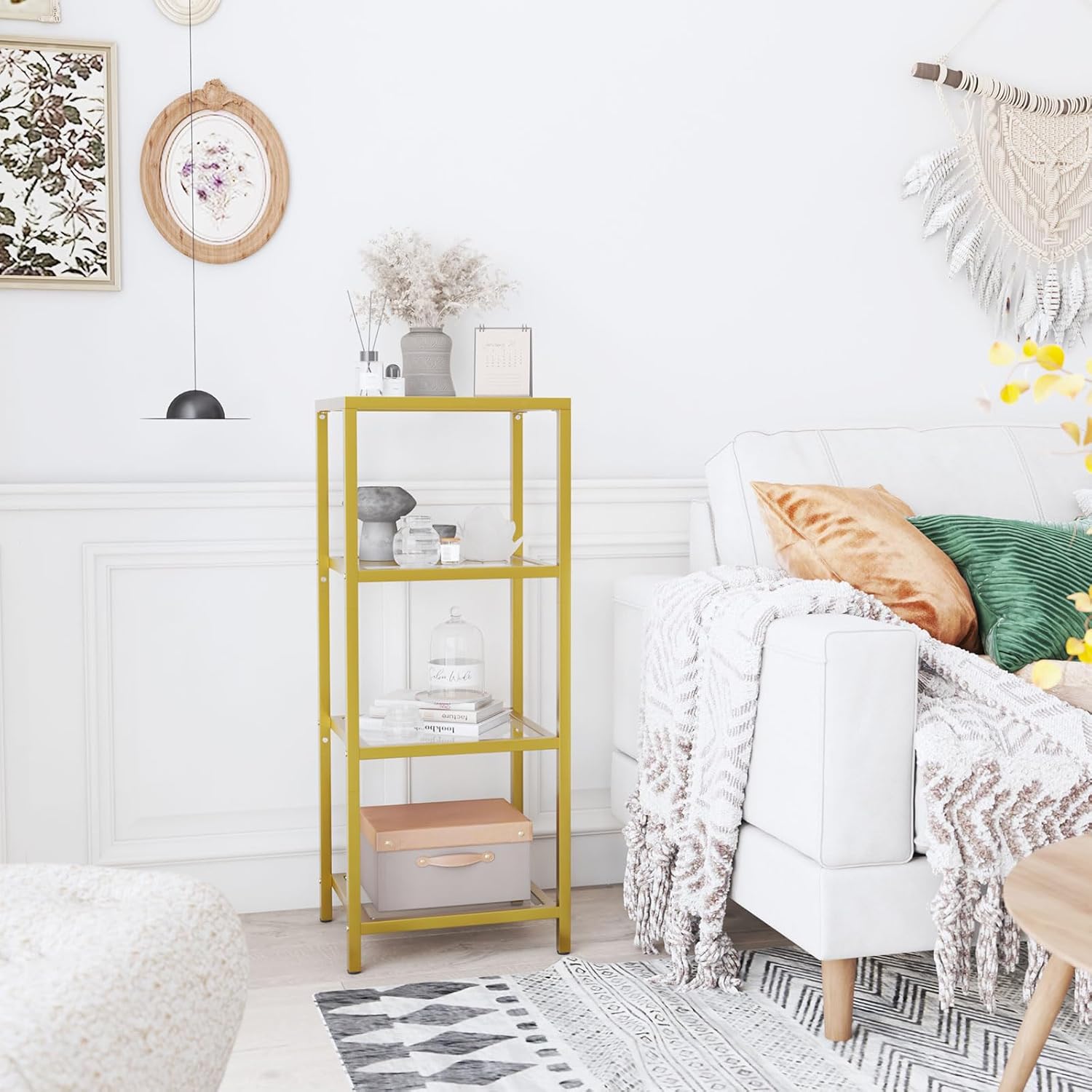 YMYNY Standing Storage Shelf Units, Tempered Glass Bookshelf, Gold Storage Organizer for Bedroom, Bathroom, Home Office, Narrow Shelving Unit, Corner Storage Racks, Metal, 37H*13.8L*11.8W, UHGD004G