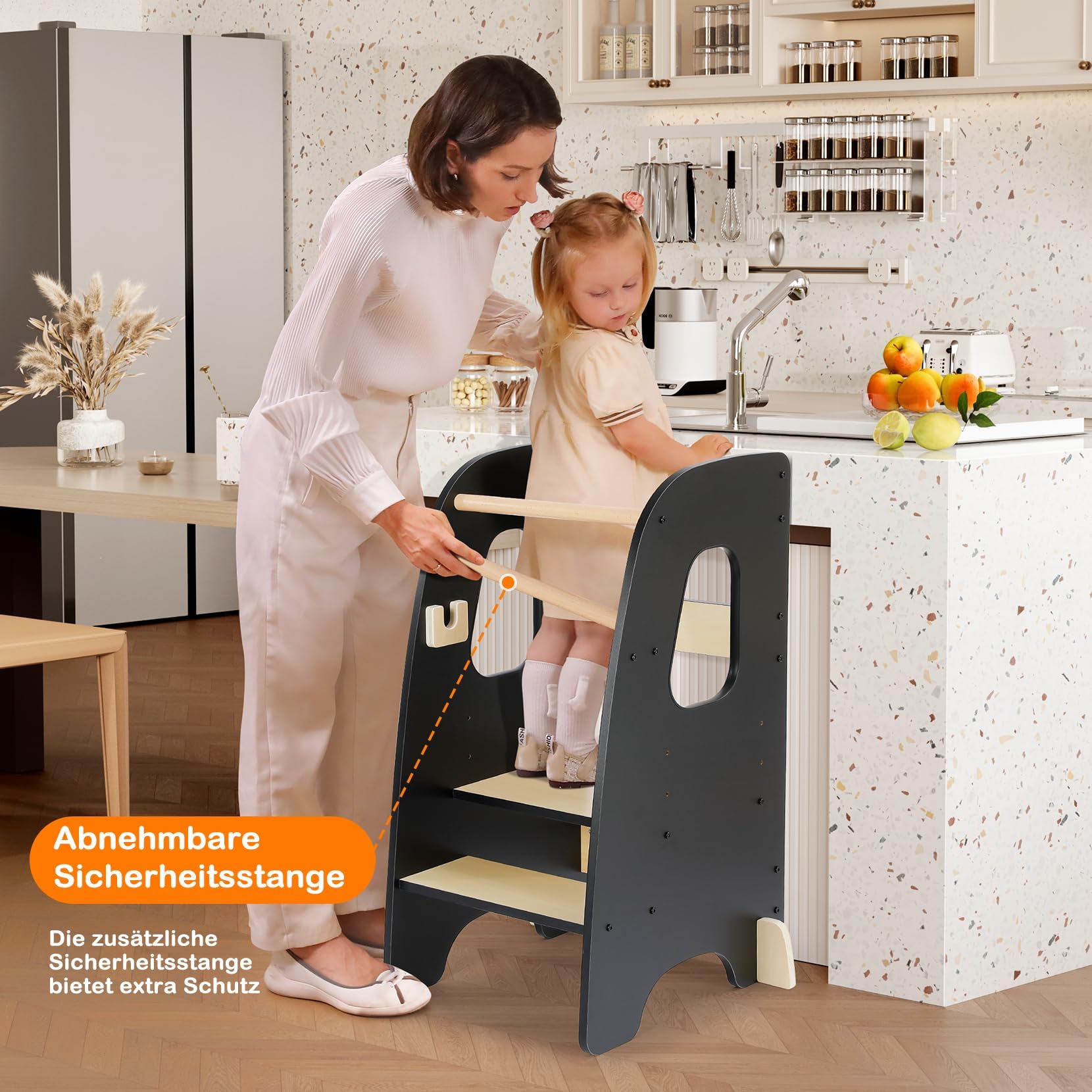 Lernturm ab 1 Jahr, 3 Stufen Höhenverstellbarer Lernturm, Sicher & Stabil, Montessori Küchenhelfer und Learning Tower, Stylisch Kippschutz Höchste Sicherheit (Schwarz)