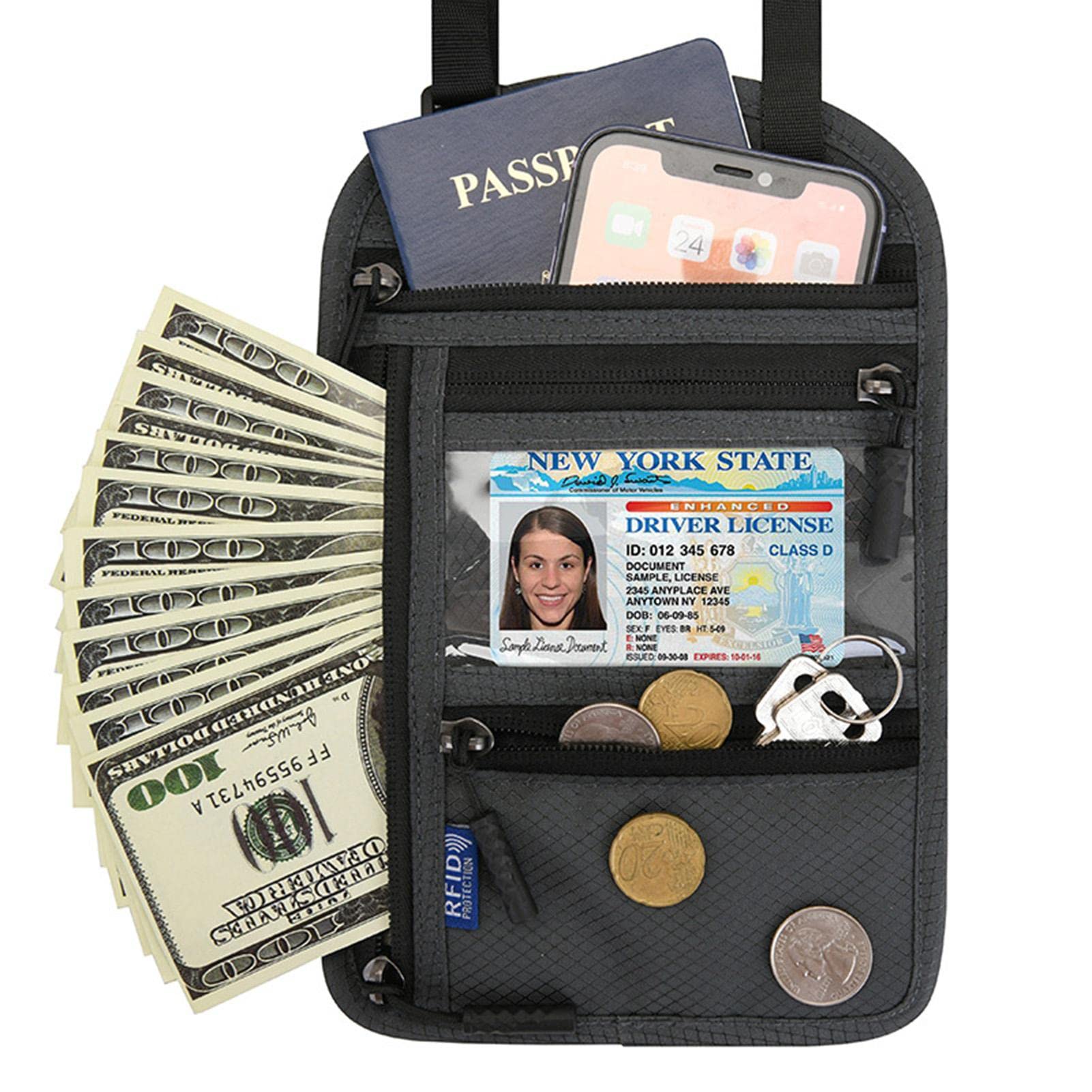 Eastuy Unisex Dark Gray Secure Travel Neck Wallet | Travel Wallet With Rfid Sleeves | Travel Neck Pouch Passport Holder For Credit Cards, Cash, And Documents