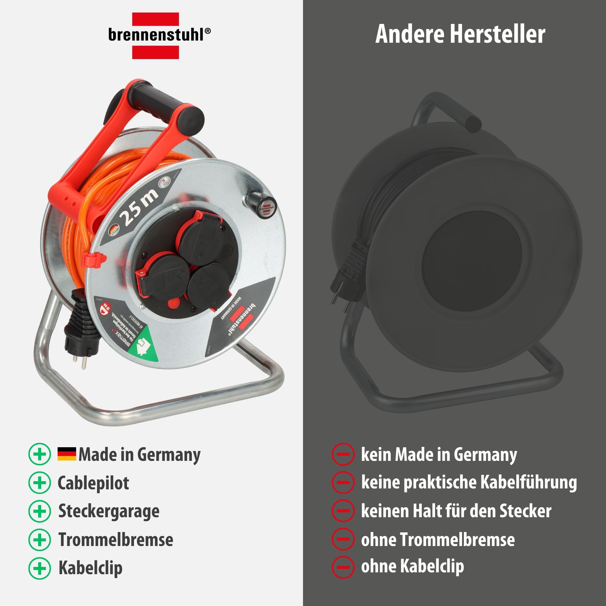 Brennenstuhl Garant S V2 IP44 Kabeltrommel 25m outdoor (Made in Germany, Kabel in Signalfarbe orange, Stahlblech, kurzfristiger Einsatz im Außenbereich)