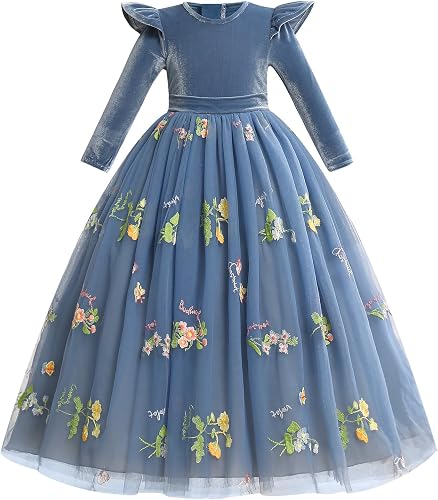 IBTOM CASTLE Flower Girl Velvet Floral Embroidery Dress for Kids Wedding Bridesm