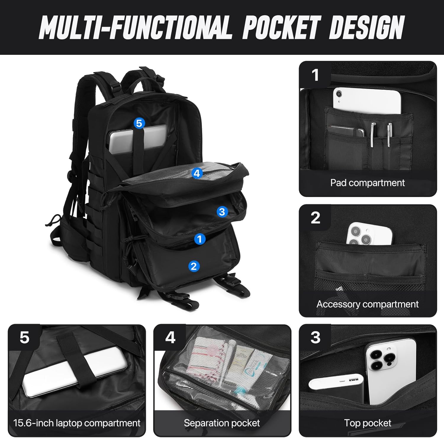 Tactical Backpack for Men, Water Resistant 46L Military Backpack, Large Army 3 Day Assault Pack for Hiking, Camping, Gym with Molle System, Black