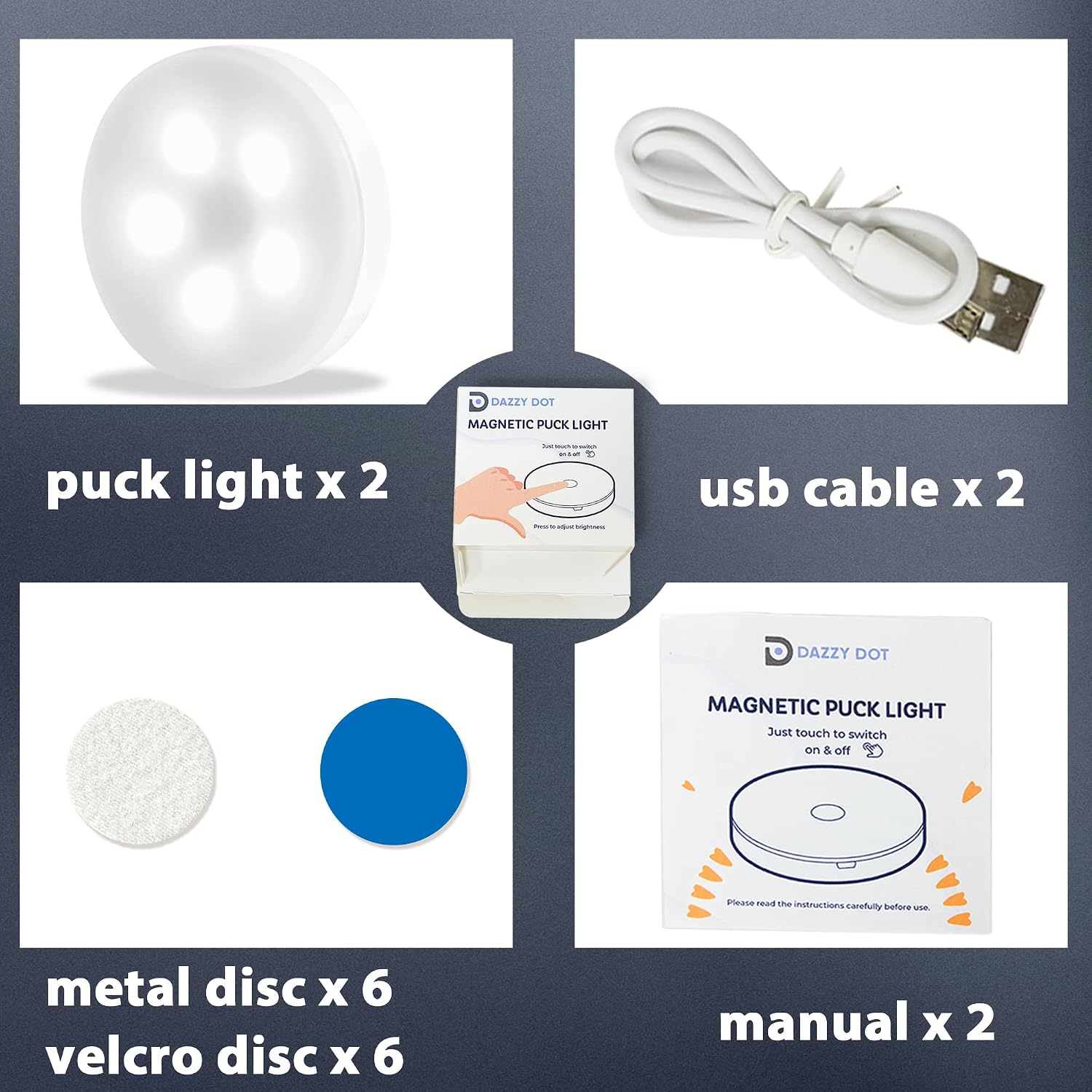 DAZZY DOT Rechargeable Touch Light 2 Pack, Push Button Light, Magnetic Puck Lights for Closet, Locker, Cabinet, Adhesive Dimmable Tap Light Soft White