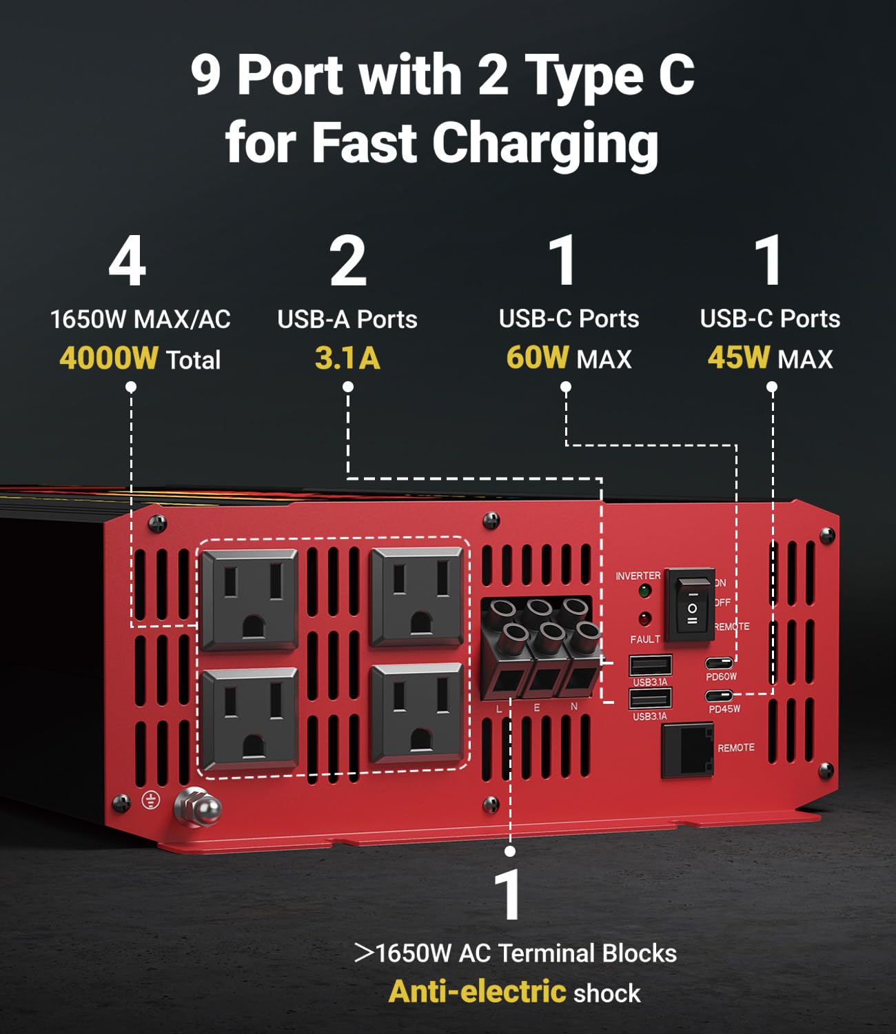 4000W Pure Sine Wave Inverter, 12V DC to 110/120V AC, 9-Port Power Inverter with 4 AC Outlets, 2 USB, 2 Type-C (60W+45W Fast Charging), LED Display, Wireless/Wired Remote for RV, Camping, Outdoor