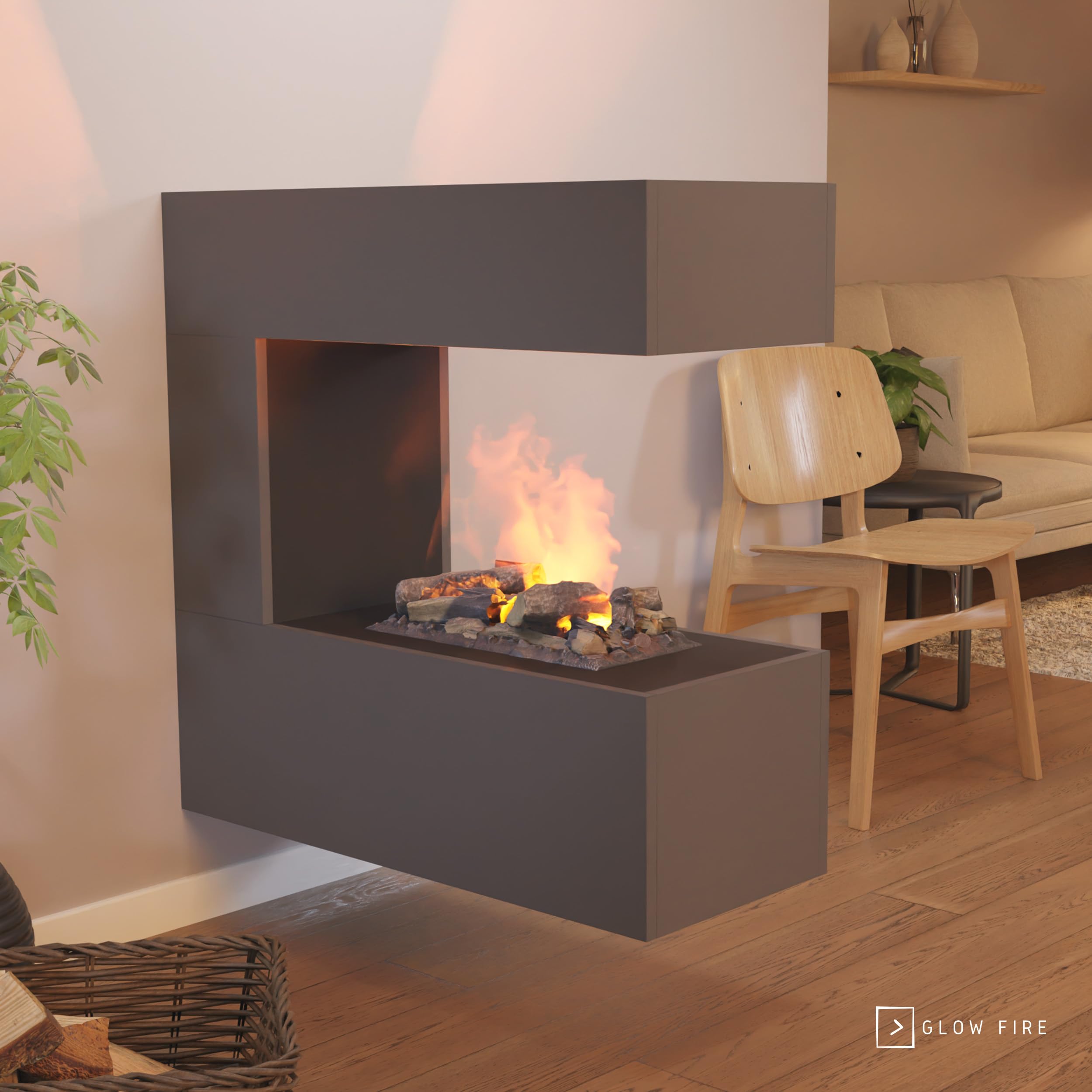 GLOW FIRE Wasserdampf Kamin Schiller (Wandkamin) - Elektrokamin für die Wand mit realistischen LED 3D-Flammen, Knistereffekt & Fernbedienung, 90x90x37 cm, Opti-Myst 400 mit Holz-Deko, Grau