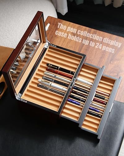 Miniatura 9 de vitrina de madera de la pluma 24 ranura pluma fuente caja organizador de almacenamiento con cajón, ventana superior ventana pluma colección vitrina