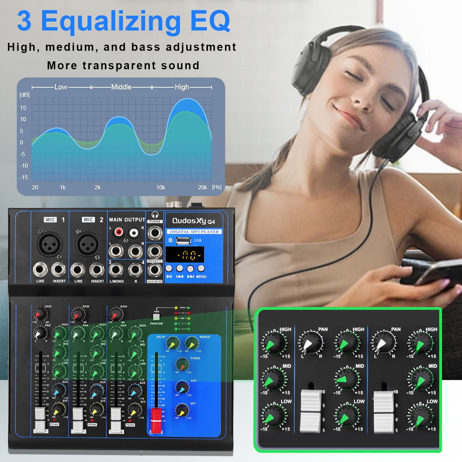 Mixer Audio Professionale Scheda Audio Console Interfaccia Sistema 4 Canali USB Digitale Bluetooth MP3 Ingresso Computer 48V Phantom Power Stereo DJ Studio Streaming