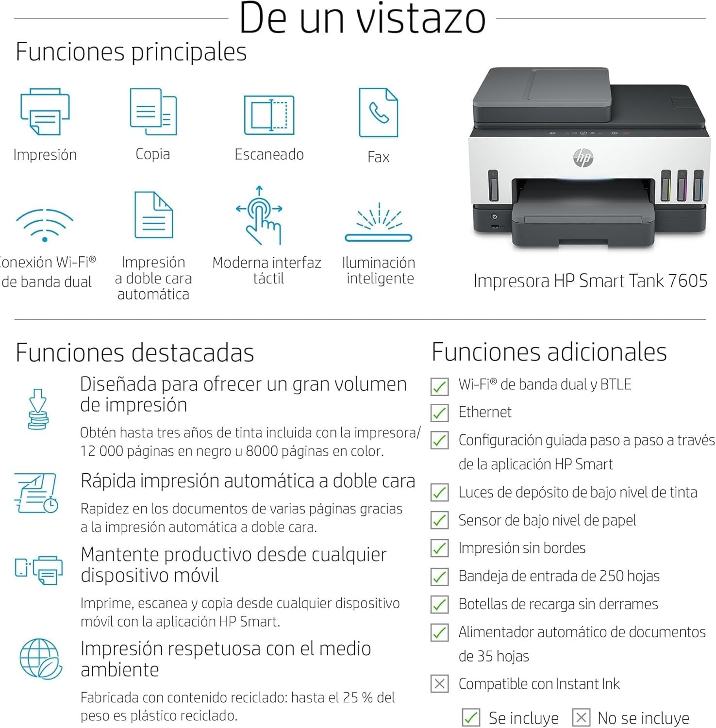 HP Smart Tank 7605 28C02A - Impresora A4 Multifunción con Deposito de Tinta Recargable, Impresión a Color, Escaner, Copiadora, Fax, Wi-Fi, Smart App, Blanco y Negro