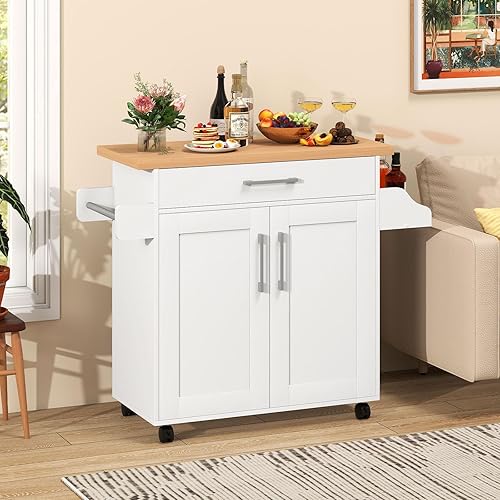 Miniatura 9 de Giantex Isla de cocina, carrito de cocina rodante con estante para especias y toallero, cajón grande y armario de almacenamiento de 2 puertas,