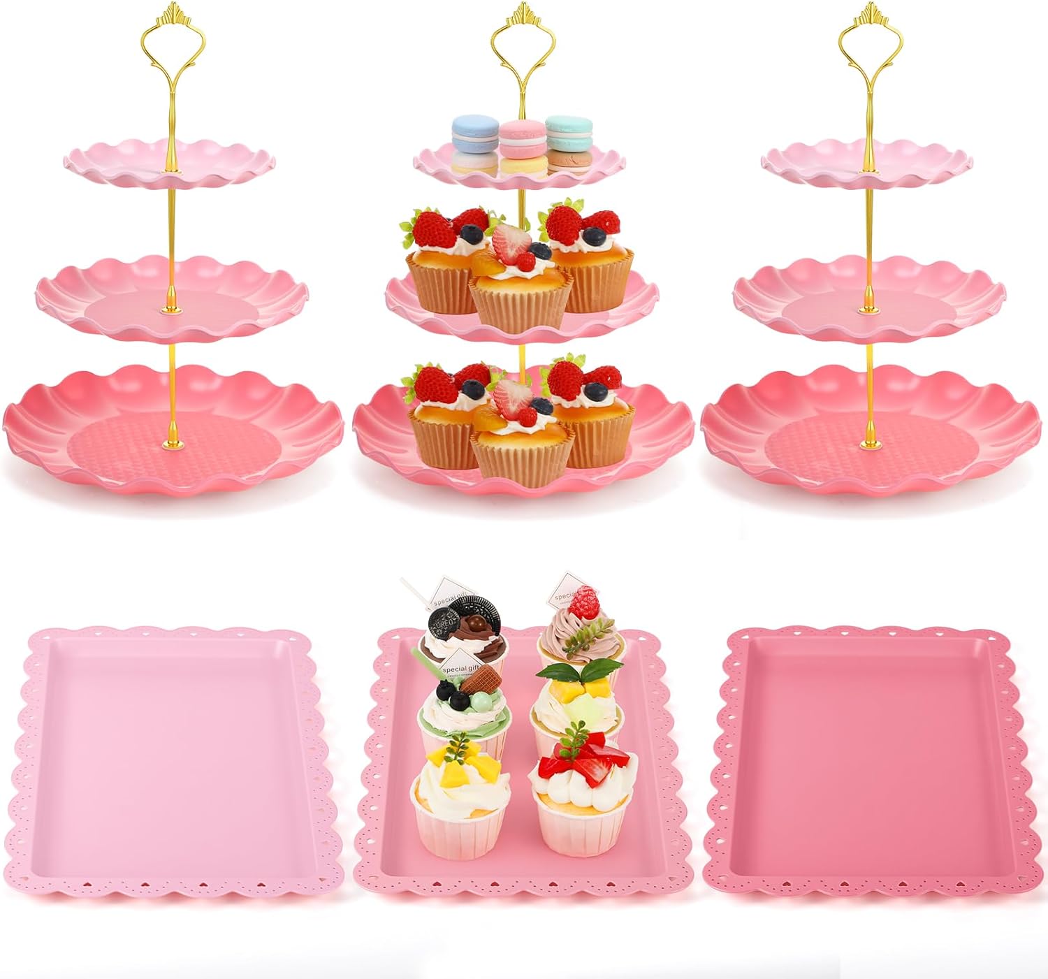FoldTier 6 Pack Cupcake Stand Set 3 Pcs 3 Tier Gradient Dessert Table Display Stands Cookie Tray Rack 3 X14 in Rectangle Party Trays for Wedding Birthday Tea Party Baby Shower(Green,Round)