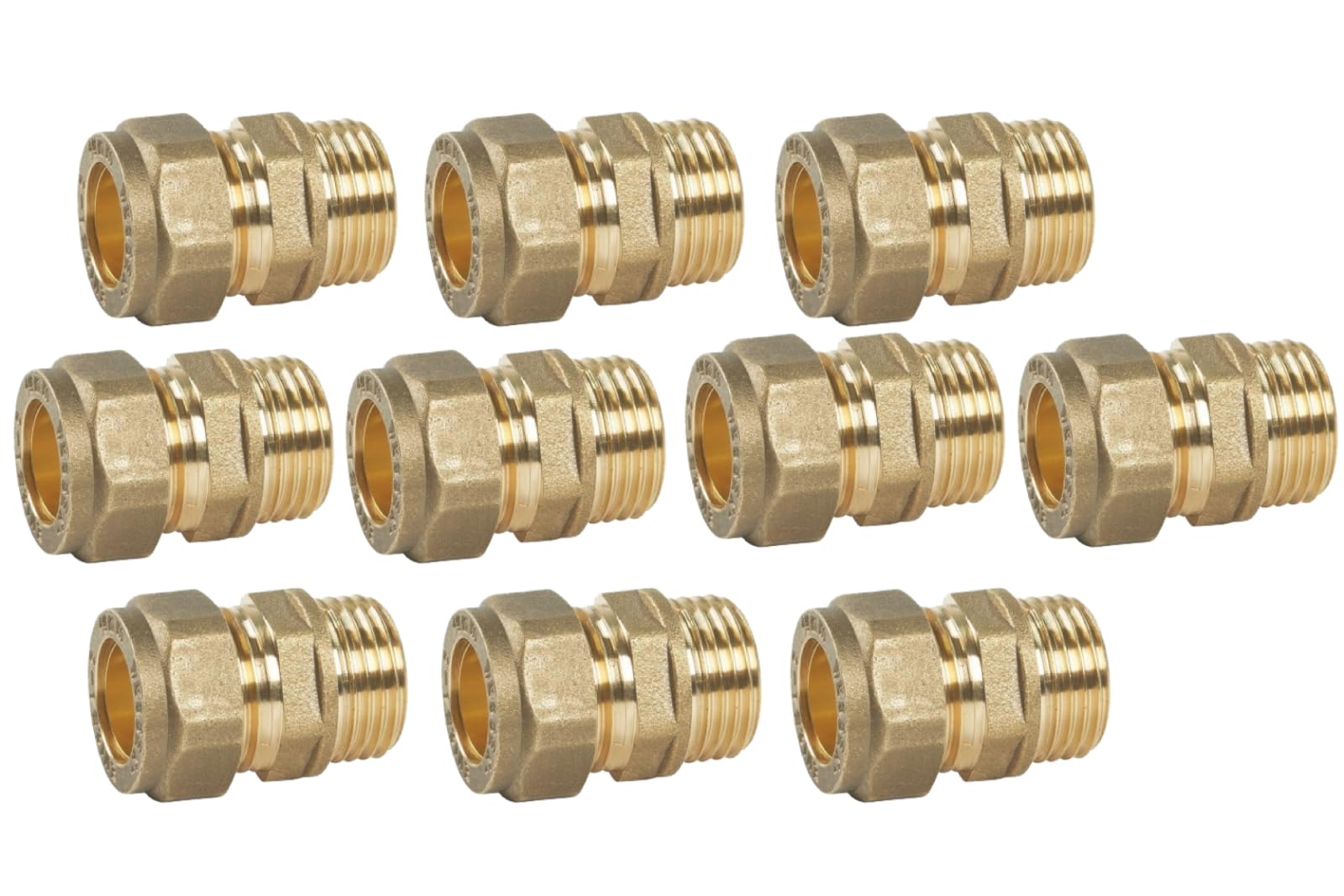 10 Pack of 15mm Compression x 1/2" Male Iron Brass Couplers, Wras Approved