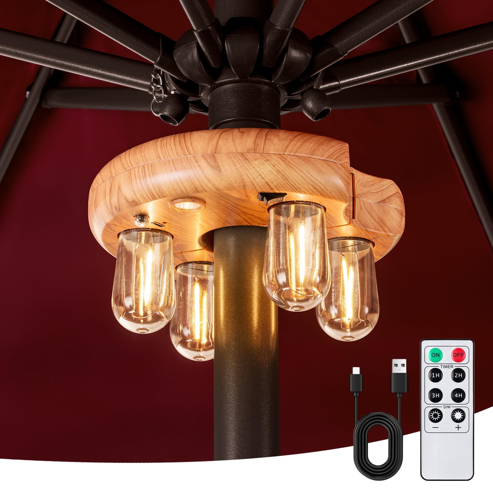 Luce per palo di ombrellone da giardino con effetto legno con telecomando, lampadine LED Edison ricaricabili senza fili con 10 livelli di luminosità per giardino, patio, cortile, campeggio o