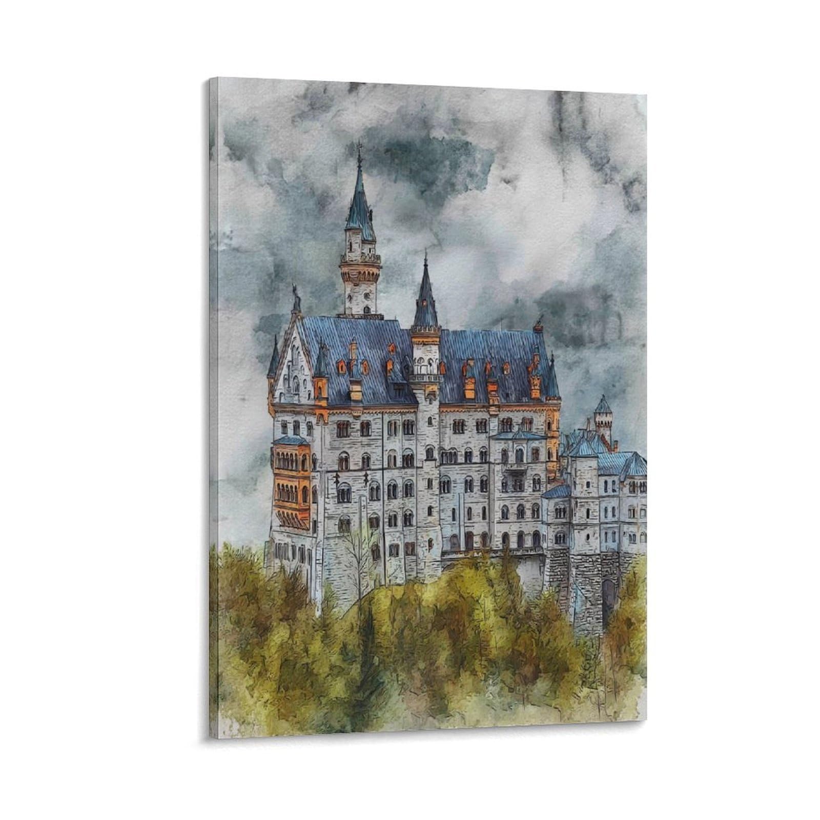 Cnaheiz Frame-Style Schwangau Neuschwanstein 24X36inch(60X90cm) Vintage Travel Poster Watercolor Canvas Art