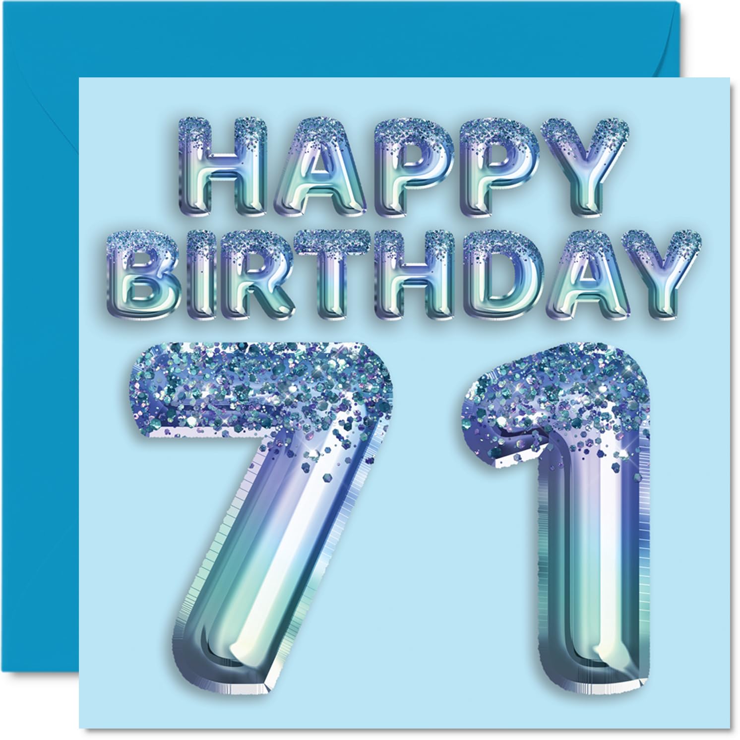 71st Birthday Card for Men, Blue Glitter Party Balloon