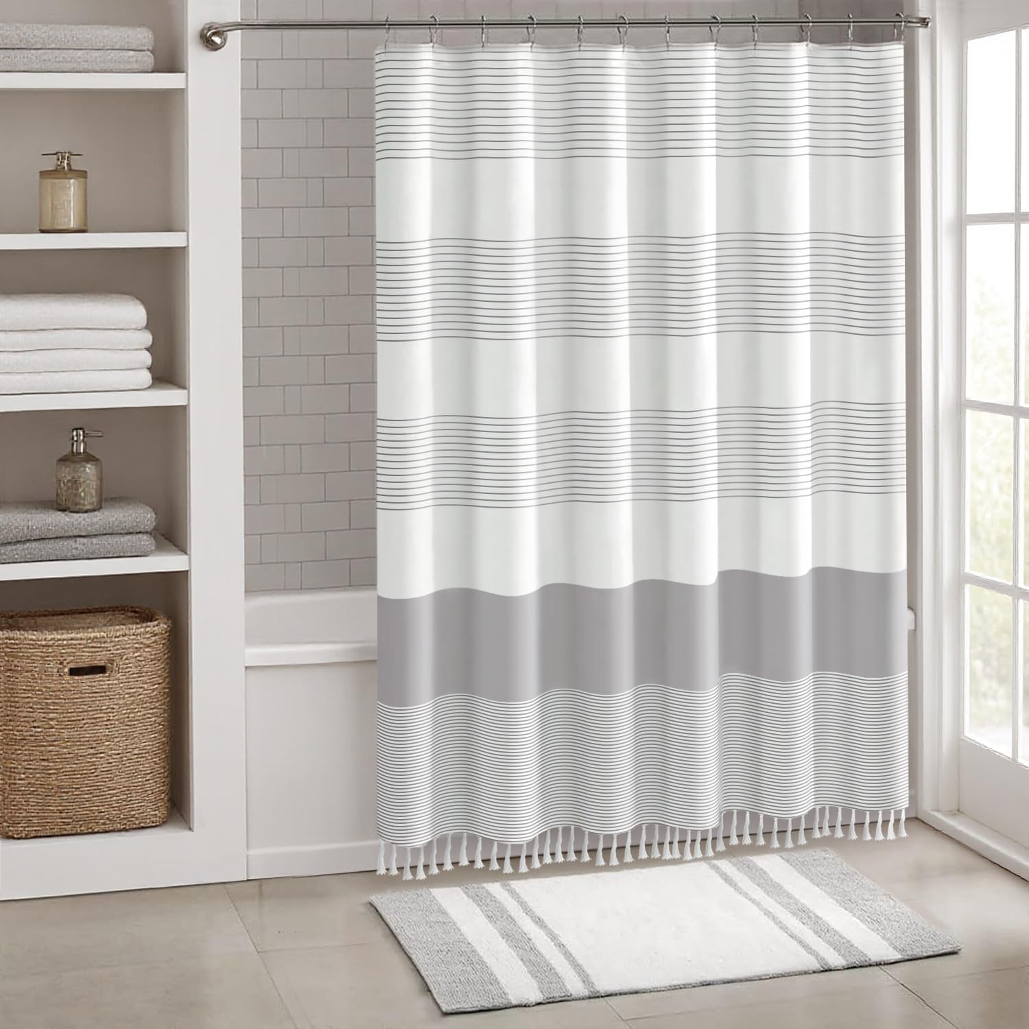 awellife boho gray shower curtain for bathroom stripe tassel shower curtain 72 x 72 inches farmhouse cotton grey grey 72"w x 72"l