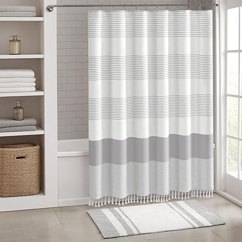 Awellife Boho Gray Shower Curtain for Bathroom Stripe Tassel Shower Curtain 72 X 72 Inches Farmhouse Cotton Grey