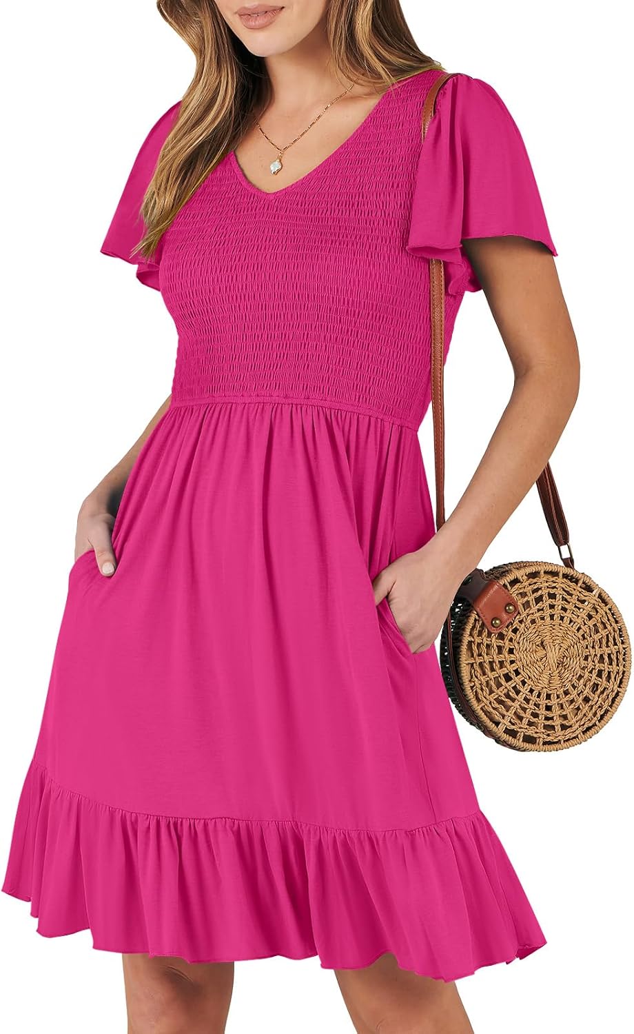 ANRABESS Women's Summer Casual Beach Mini Dress Smocked V Neck Flutter Sleeve Cute Boho Short Dresses 2024 Trendy