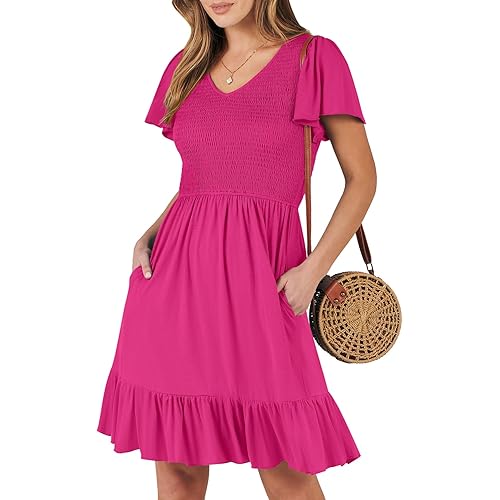 ANRABESS Women's Summer Casual Flowy Smocked V Neck Flutter Sleeve Beach Mini Dress with Pockets