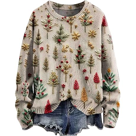 Christmas Sweatshirts for Women 2024 - Adorable Gnomes and Jolly Santa Embroidered Graphic Pullovers