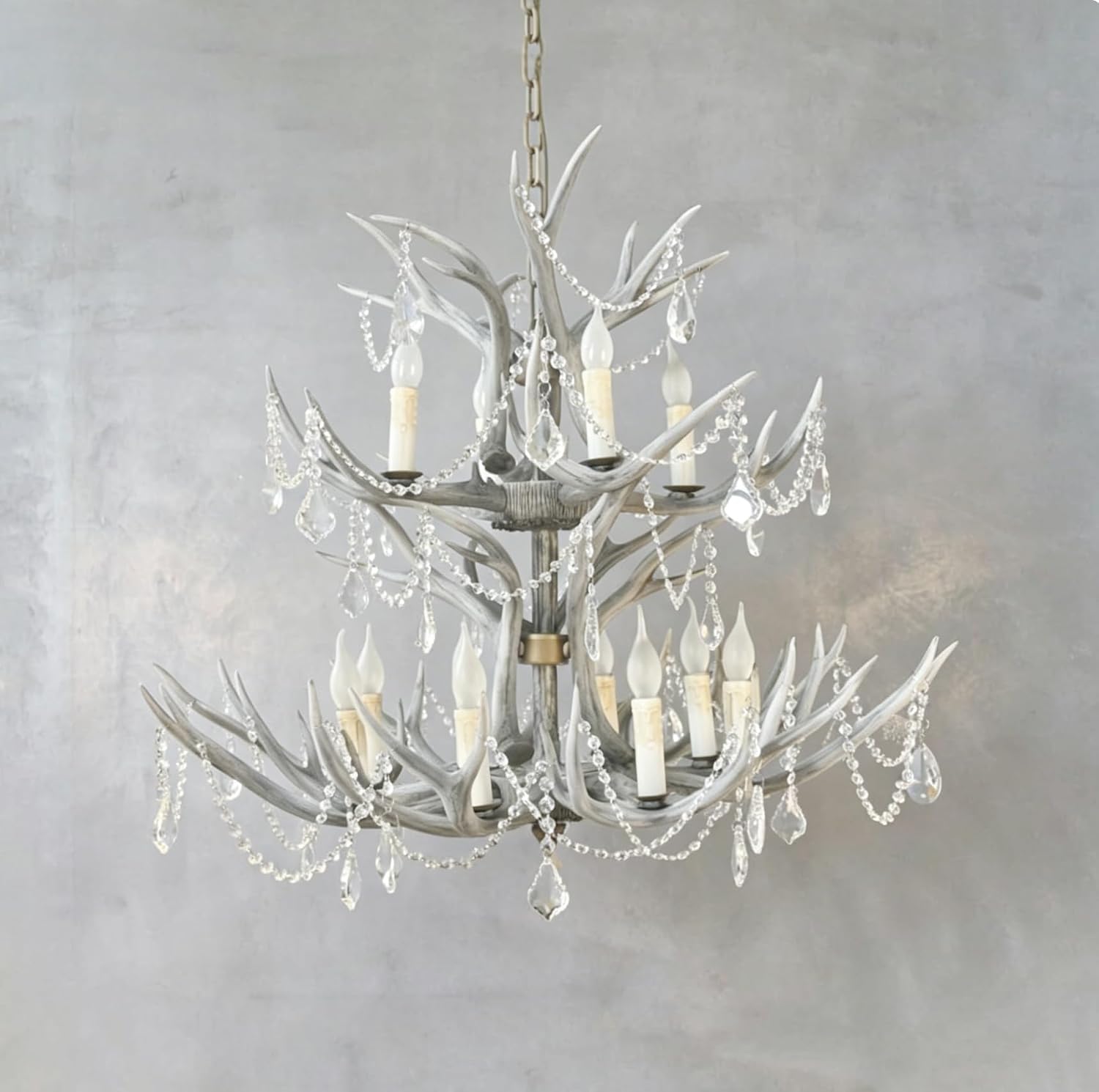 Large Antler Chandelier with Crystal Glass Beads Rustic 12 Lights Deer Horn Pendant Light Candle Style Shabby Chic Farmhouse Chandeliers Vintage Faux Antler Hanging Ceiling Light
