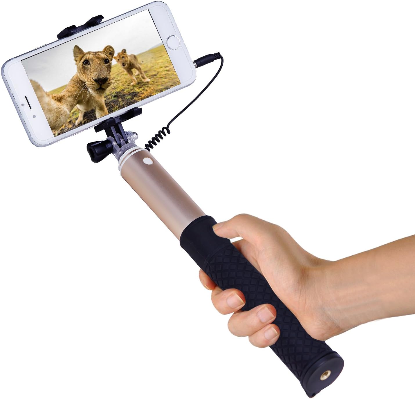 ZIZON Wired Selfie Stick Compatible for cellphone and LSDR Camera Extendable Aluminum Monopod with Tripod Stand, Built-in Shutter Button Foldable Mount Clamp & 1/4" Screw Adapter.(Gold)