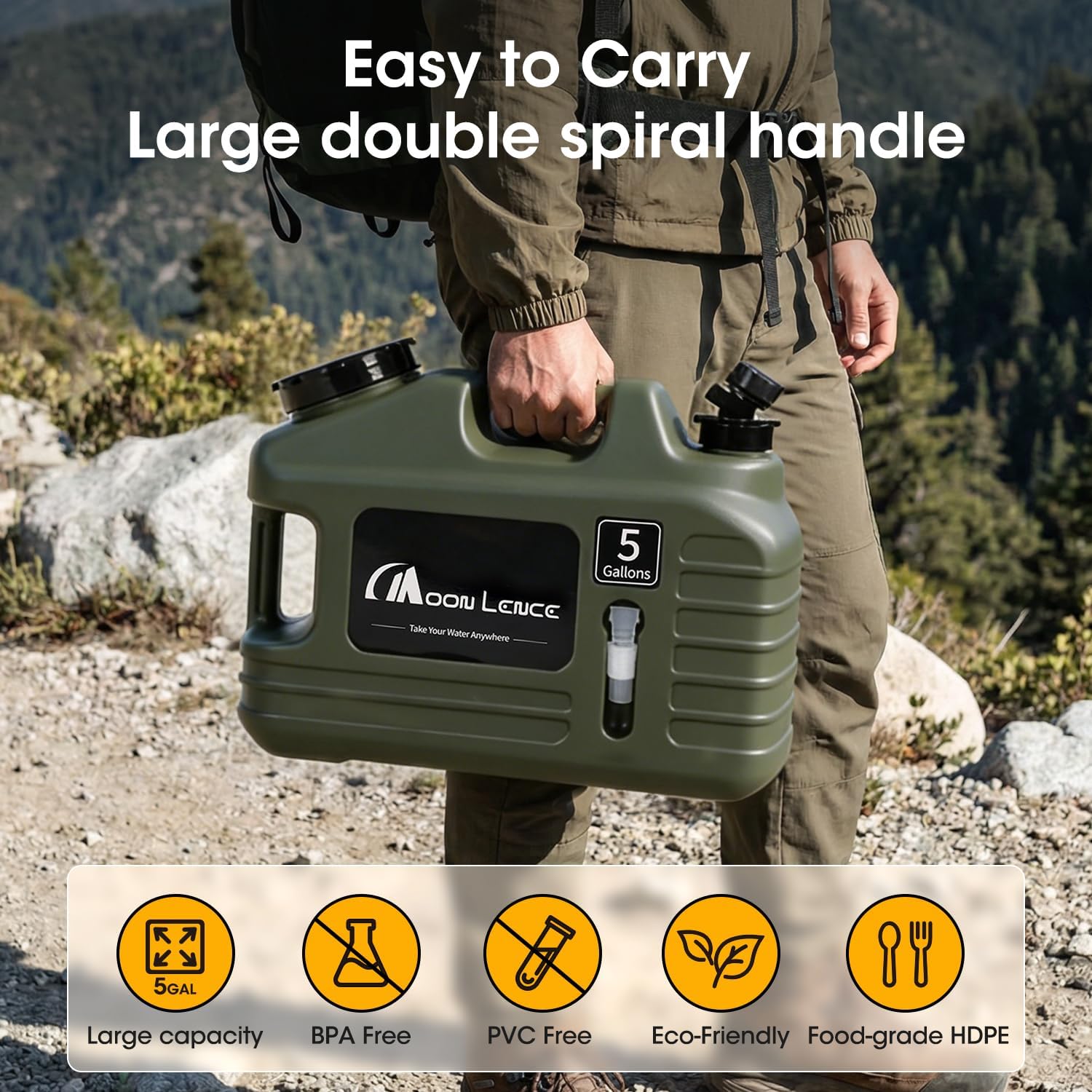 MOON LENCE 5 Gallon Water Container, BPA Free Water Storage Tank with Spigot, Hose and Cleaning Brush, Portable Jug for Camping, Emergency, Outdoor Use