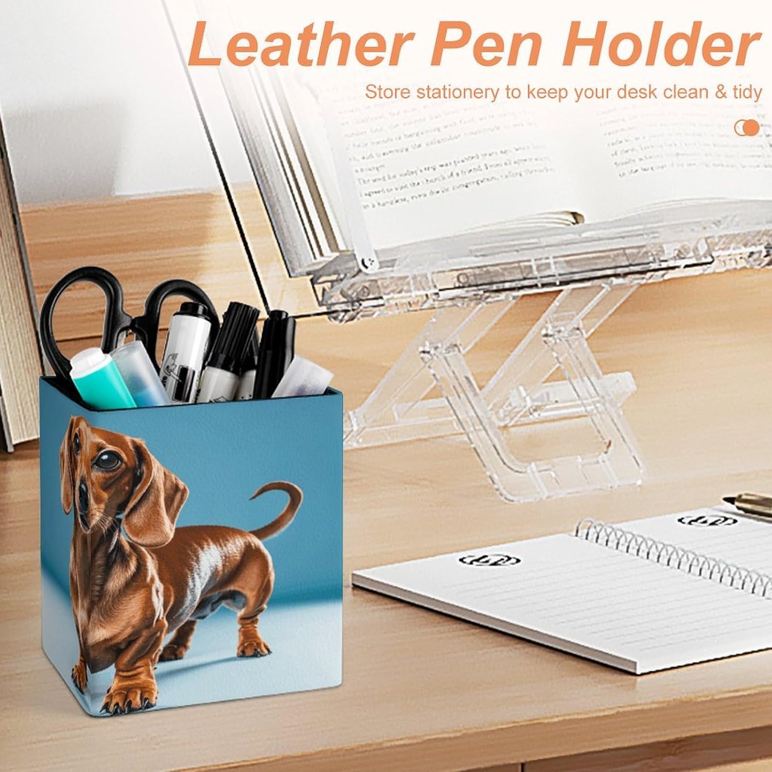 PU Leather Dachshund Pet Dog Desk Organizer Square Pen Holder with Non-slip Base Pencil Cup Desktop Decor Accessories Workspace Organizer for Home Office Bathroom Dresser Storage image 4