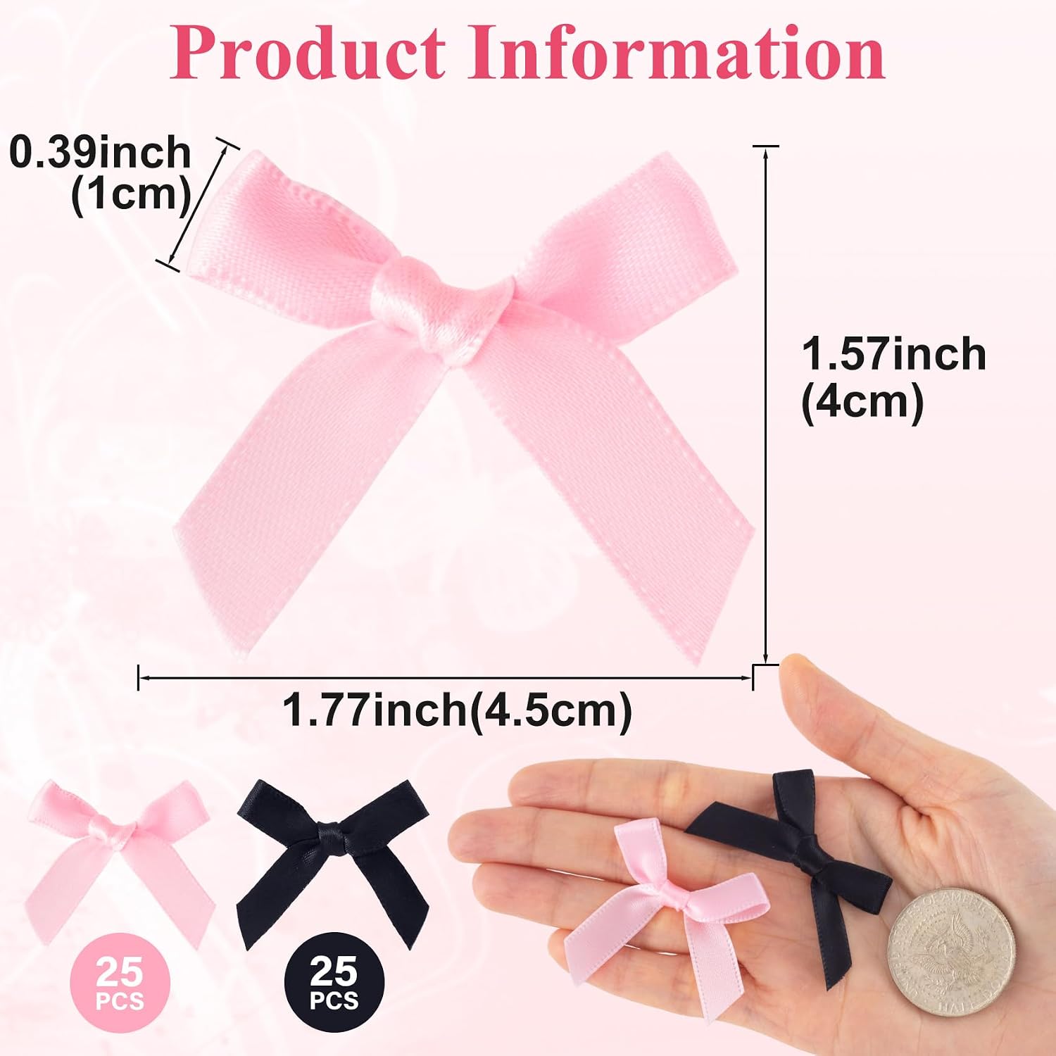 50pcs Mini Ribbon Bows, Small Satin Ribbon Bow, Cute Soft Bowknot Sewing Accessories for Flowers Bakery Wrapping Christmas Wedding Birthday Party Decoration- Black & Pink image 2