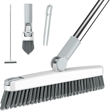 AIR U+ Grout Brush with Long Handle 180 Swivel Scrub Brush with Tweezers to Hair Clip V-Shape Grout Line Scrubber Stiff Bristles for Deep Cleaning Crevice, Tile Line, Shower, Kitchen, CornersWhite