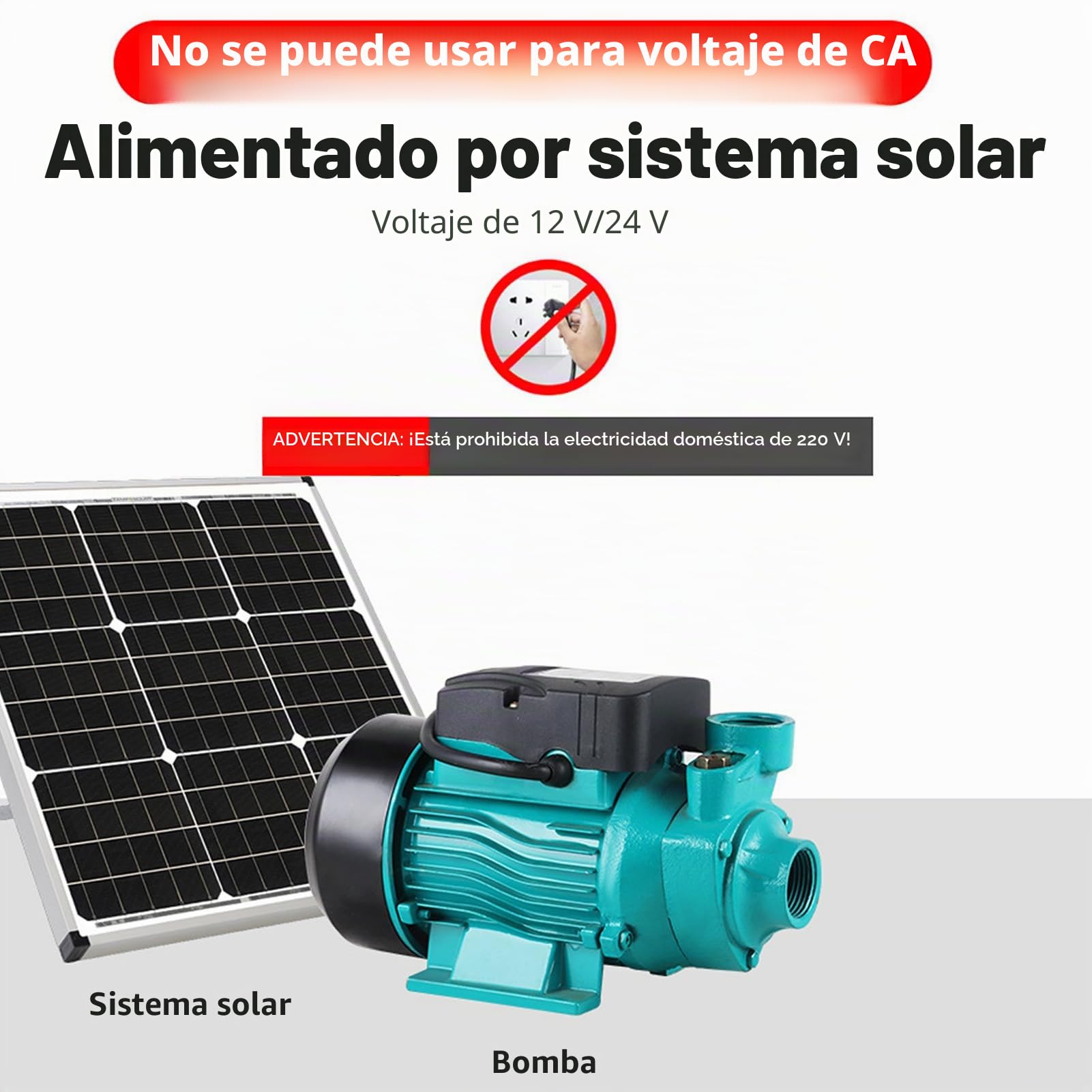 Buachois Bomba de Agua Solar 200W 3200rpm DC12V Autocebante Vórtice | 35 l/min 5 m Altura de Elevación Bomba Solar de Corriente Continua con Impulsor Monofásico Horizontal Salida de 1 Pulgada