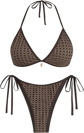 ZAFUL Womens Shell Halter Bikini Sets High Cut Side Tie 2 Piece Swimsuits Sexy String Bathing Suit