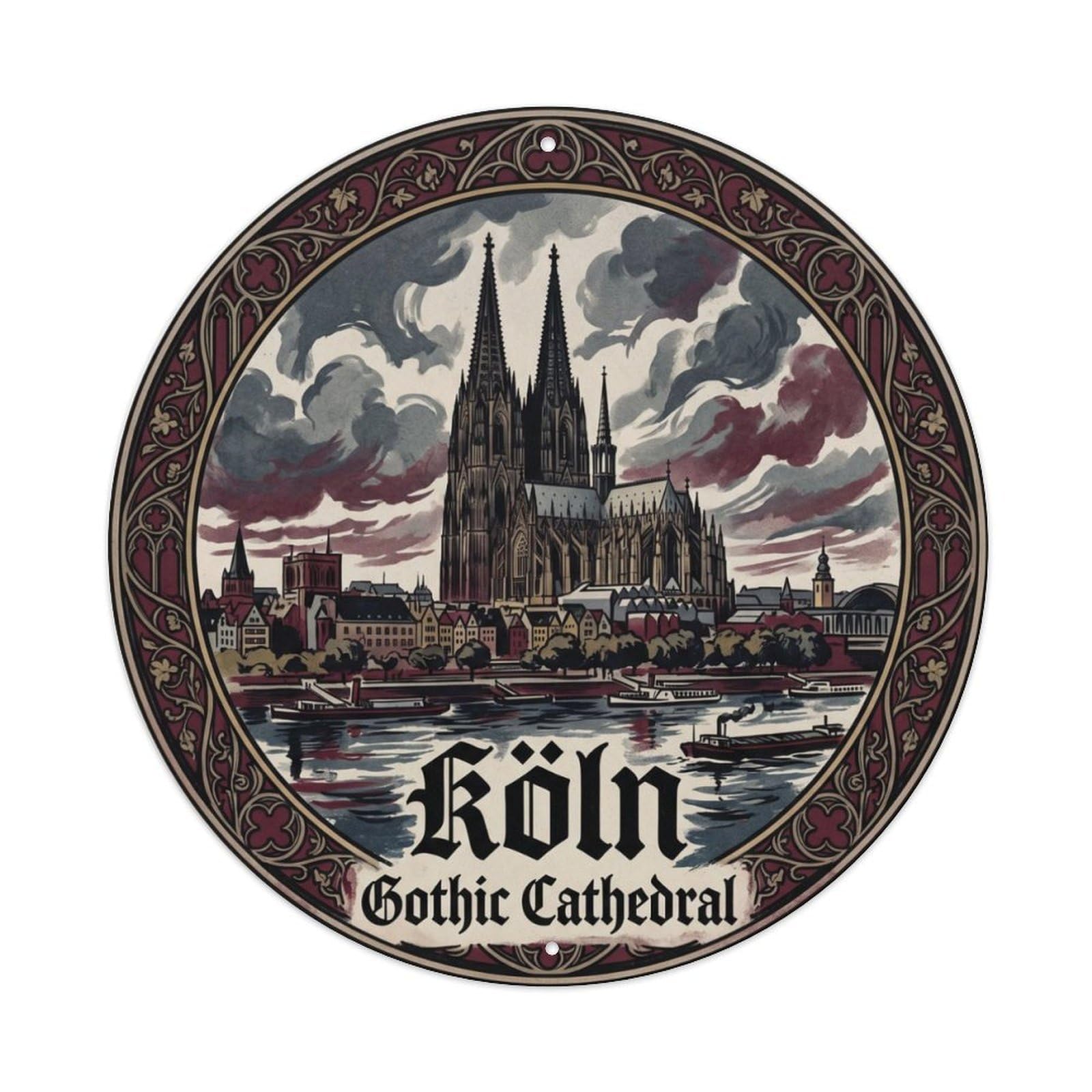 Vintage Travel Cathedral Cologne Gothic Metal Tin Sign Plaque Wall Decor for Cafe, Club Bar, Office, Home Garden Round Metal Poster 8x8Inch
