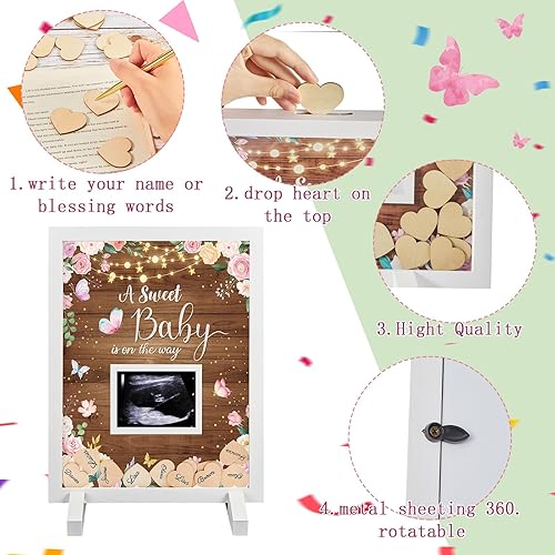 Miniatura 3 de Kosiz Marco de libro de invitados de madera rústica floral para baby shower, libro de invitados con diseño de mariposa rosa con corazones de madera