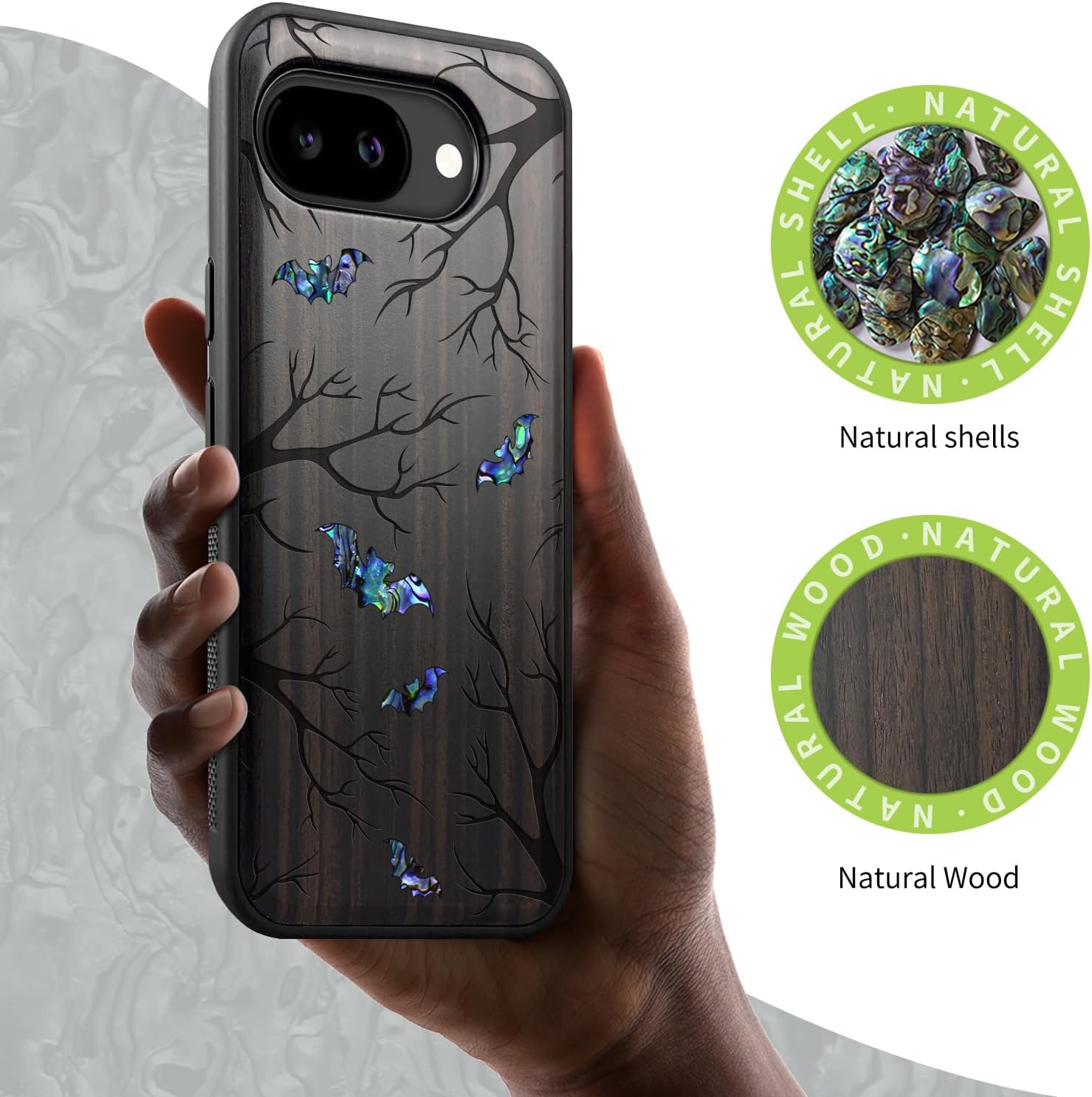 Carveit Magnetic Wooden Case for Google Pixel 10a Case, Wood Artisan Engraved & Handmade Shell Inlaid, Compatible with MagSafe Wireless Chargers (Bats Amidst Moonlit Branches) Blackwood