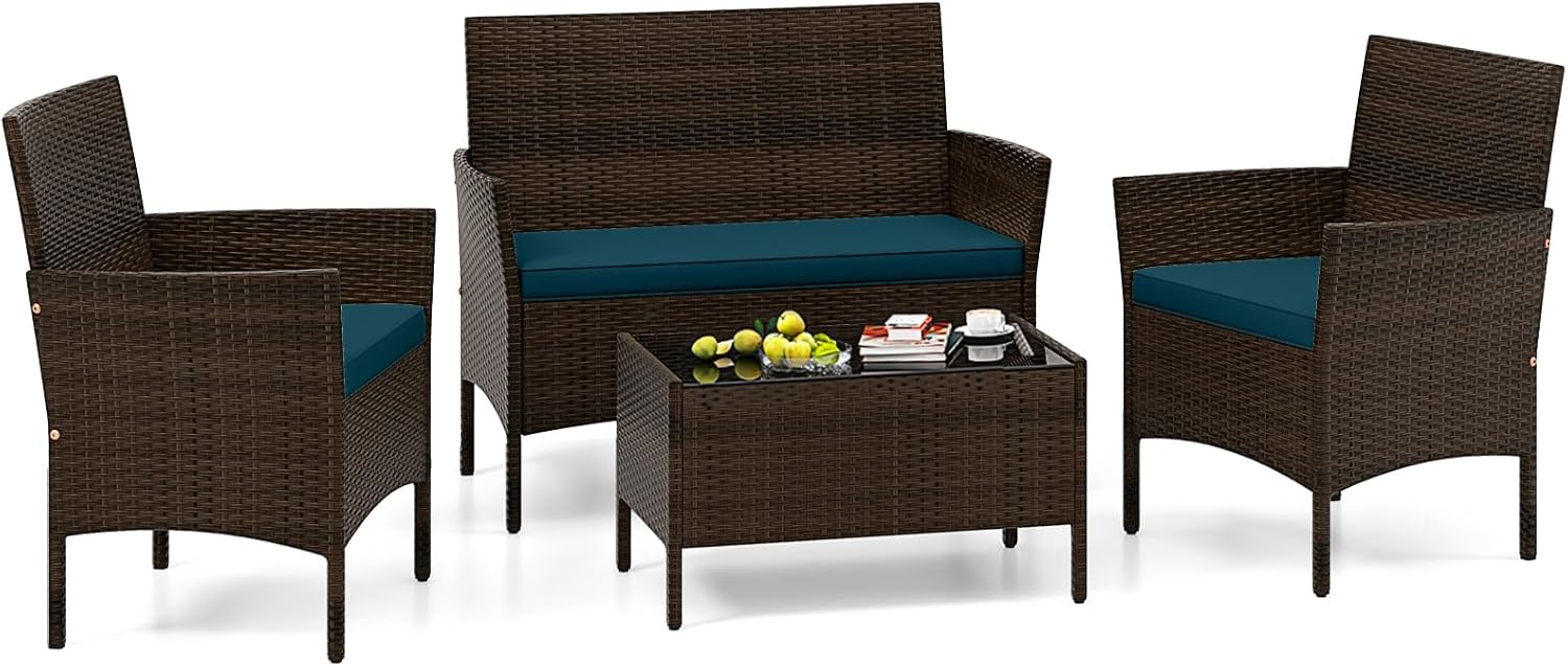 4 Piece Patio Furniture Set, Sectional Conversation Sofa Set with Glass Coffee Table, Cushions & Loveseat, Wicker Outdoor Table and Chairs for Pool, Garden, Deck, Backyard (1, Peacock Blue)